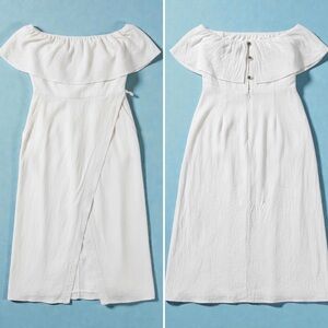 White Linen Blend Strapless Ruffle Midi Dress Coastal Resort Bridal Beach XS